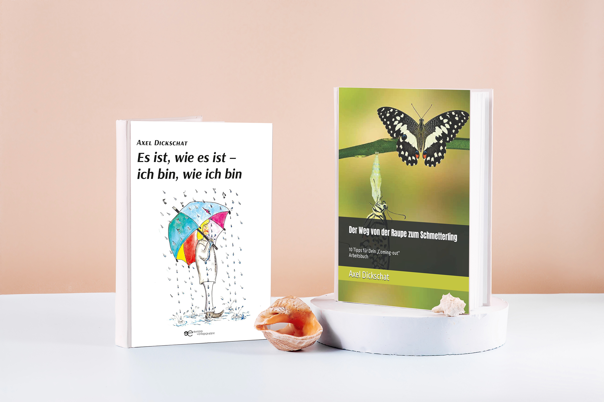 Two White book mockup on a beige table.